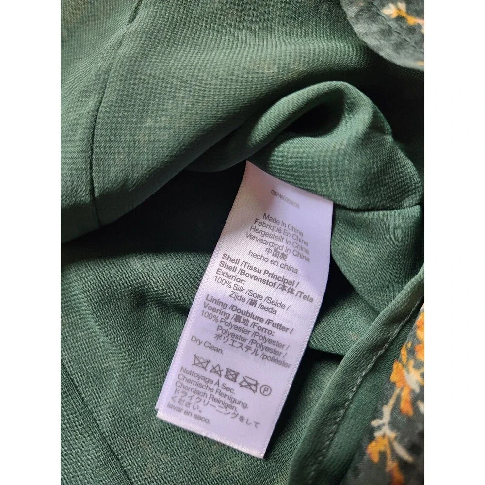Madewell 100% Silk Floral Blouse Women 4 Green Puff Sleeve Button Front Top EUC